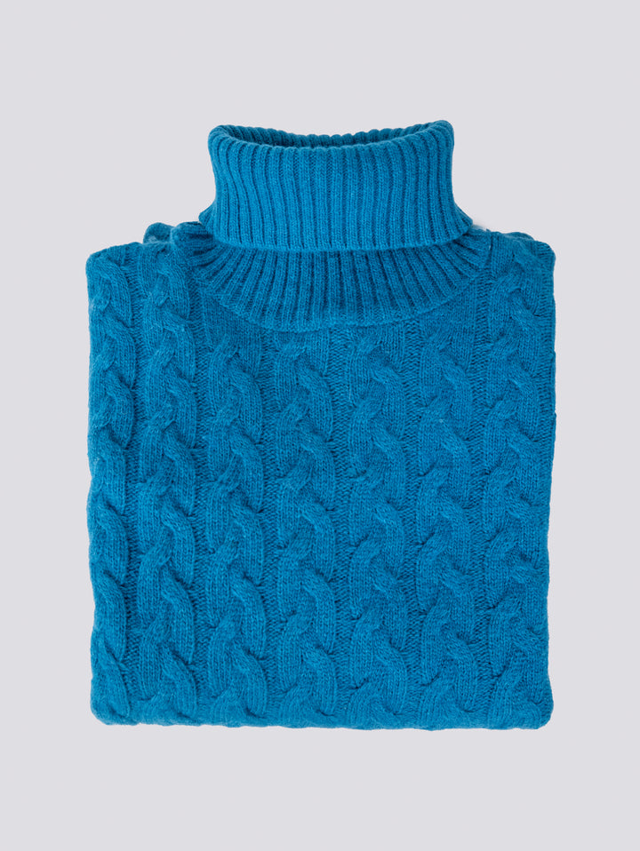 Maglione a collo alto con intreccio in lana turchese