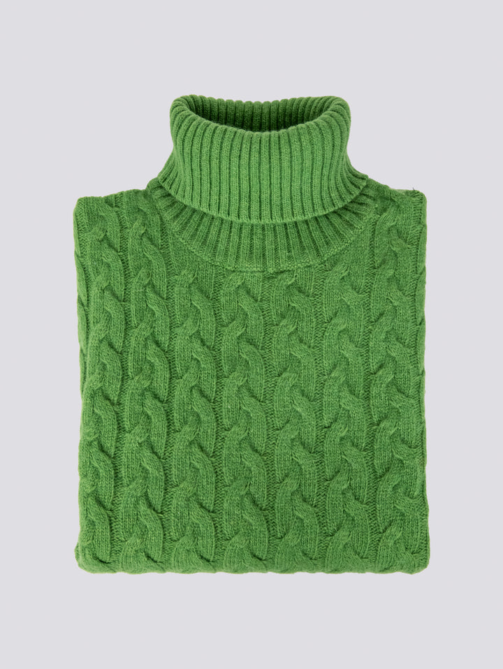 Maglione a collo alto con intreccio in lana verde