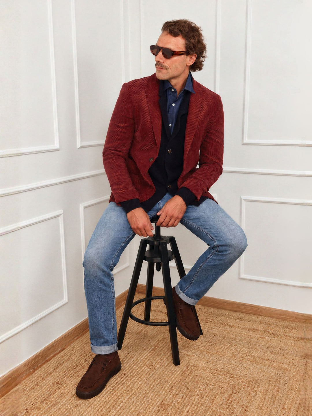 Giacca uomo bordeaux in velluto, revers e maniche lunghe, indossata con jeans azzurri