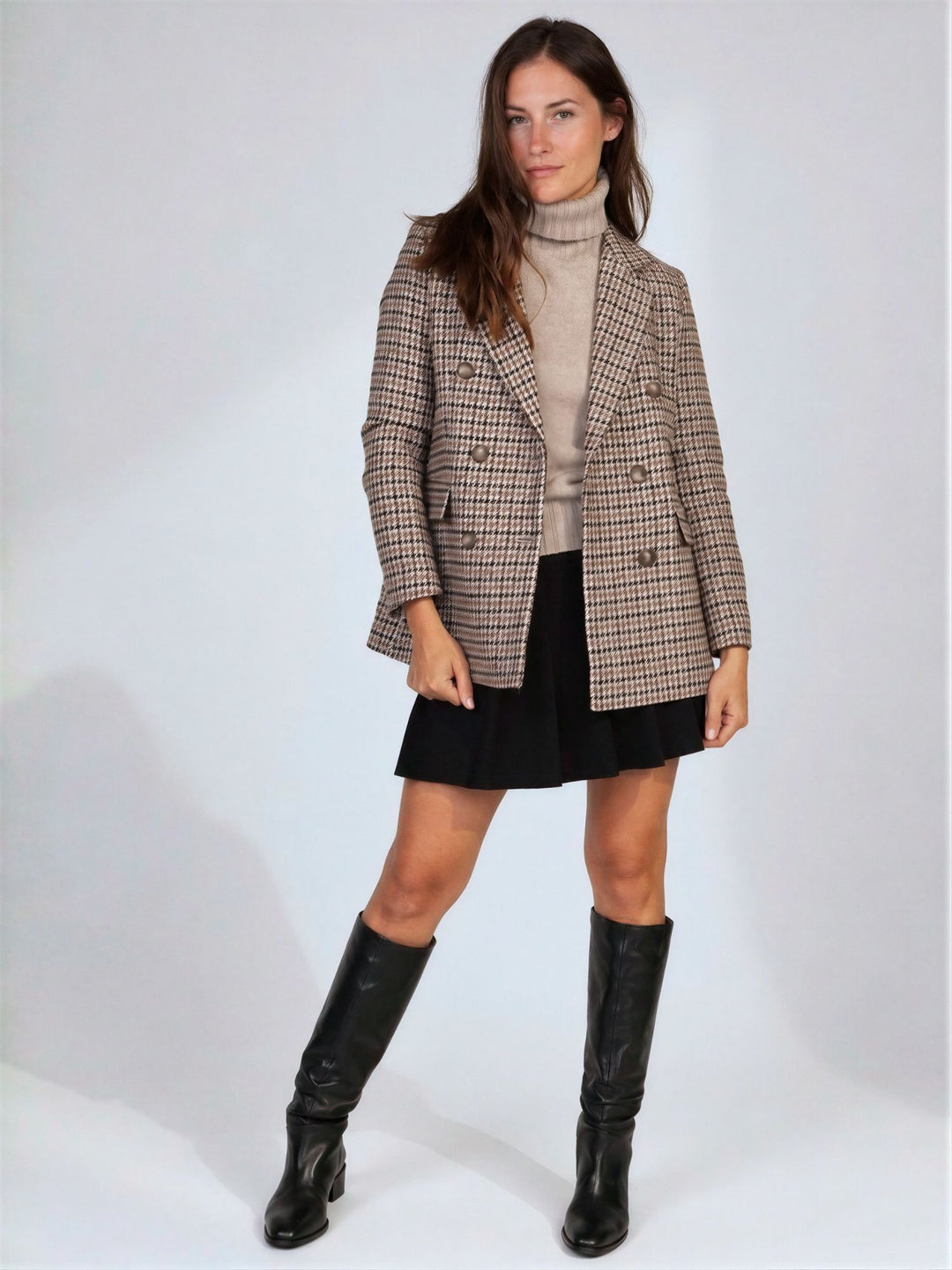 Giacca blazer donna a quadri, revers e bottoni, maniche lunghe