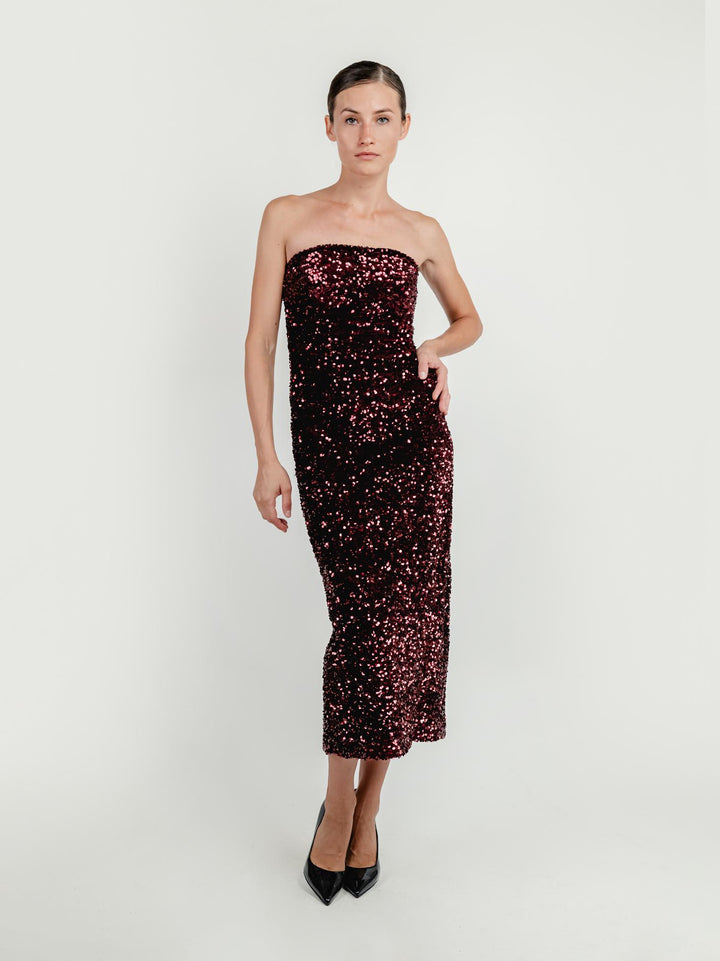 ABITO BUSTIER CON PAILLETTES RUBINO