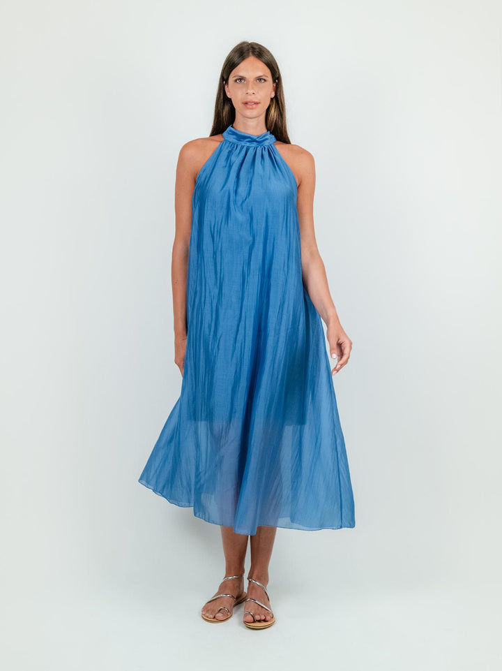 ABITO LUNGO CON SCOLLO HALTER AZZURRO
