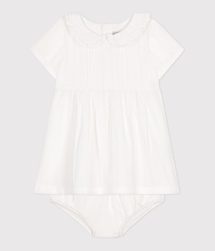 Abito bianco in cotone neonato, con bloomer e dettagli traforati