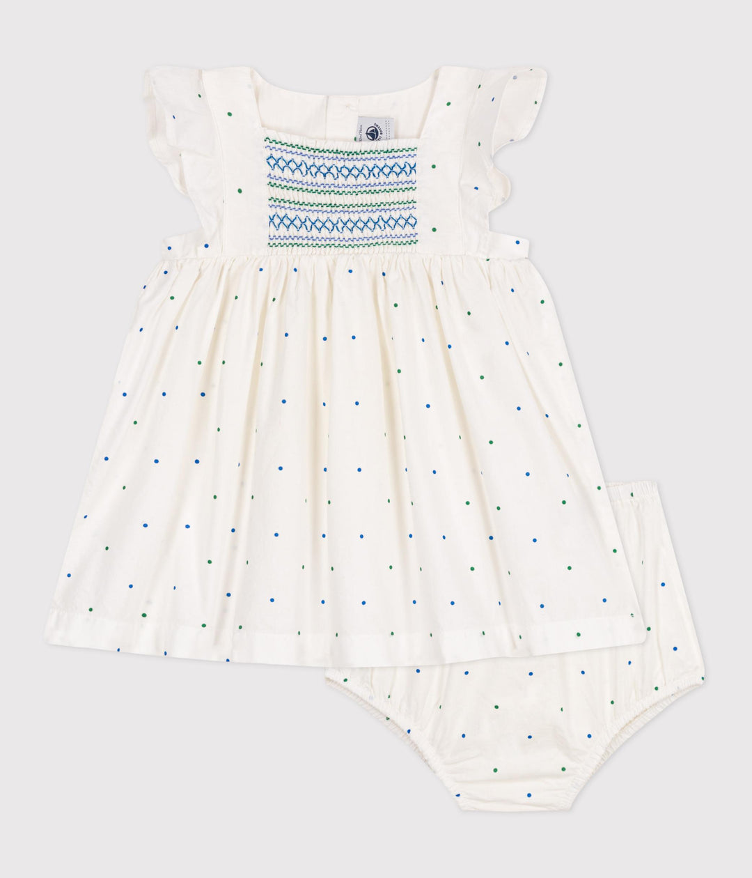 Abito bianco neonato in cotone e bloomer coordinato con stampa a pois