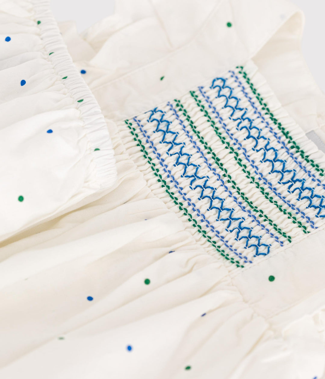 Abito bianco neonato in cotone e bloomer coordinato con stampa a pois