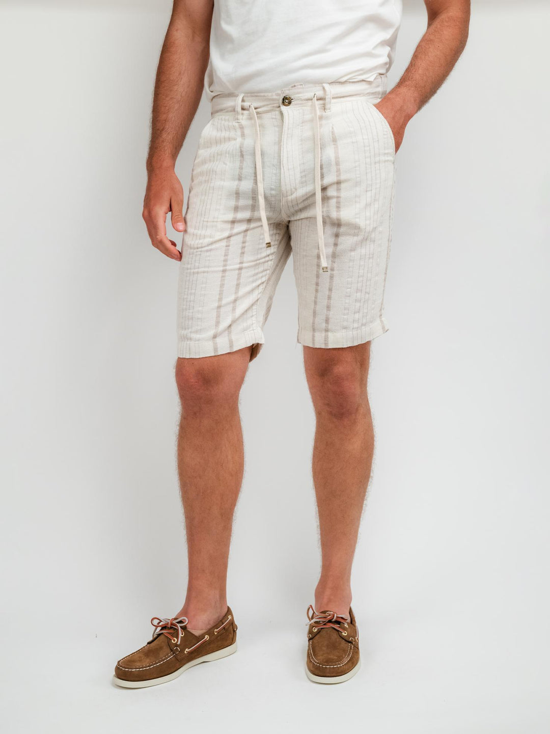 BERMUDA A RIGHE PANNA E BEIGE CON COULISSE