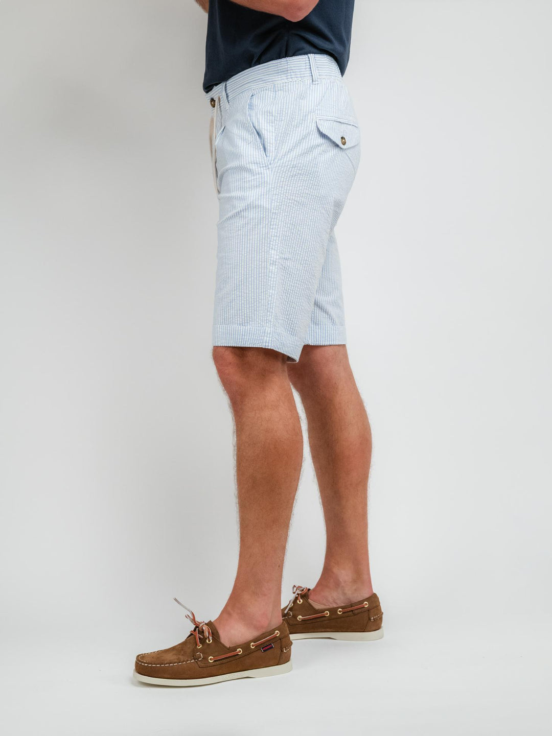 BERMUDA IN COTONE A RIGHE AZZURRE E BIANCHE CON COULISSE