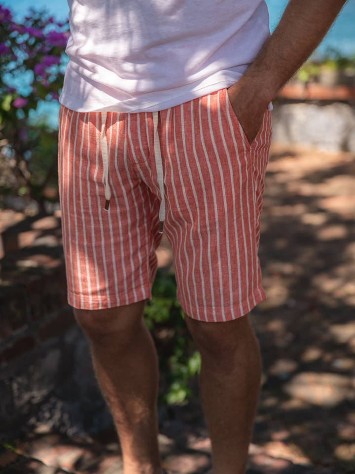 BERMUDA in lino e COTONE A RIGHE ARANCIONE E PANNA