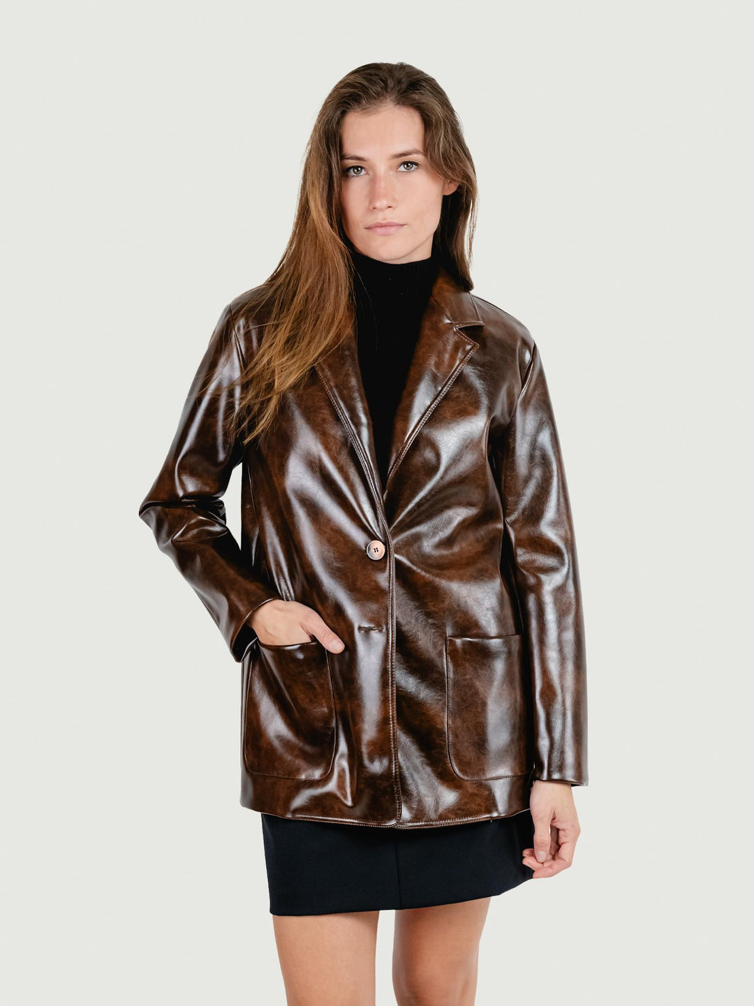 BLAZER MONOPETTO IN ECOPELLE MARRONE