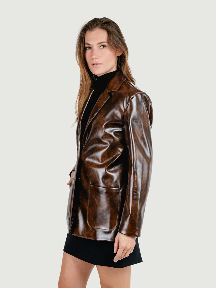 BLAZER MONOPETTO IN ECOPELLE MARRONE