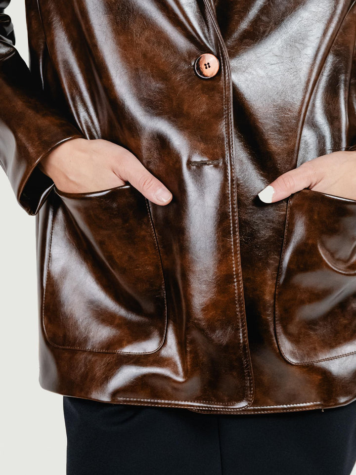 BLAZER MONOPETTO IN ECOPELLE MARRONE