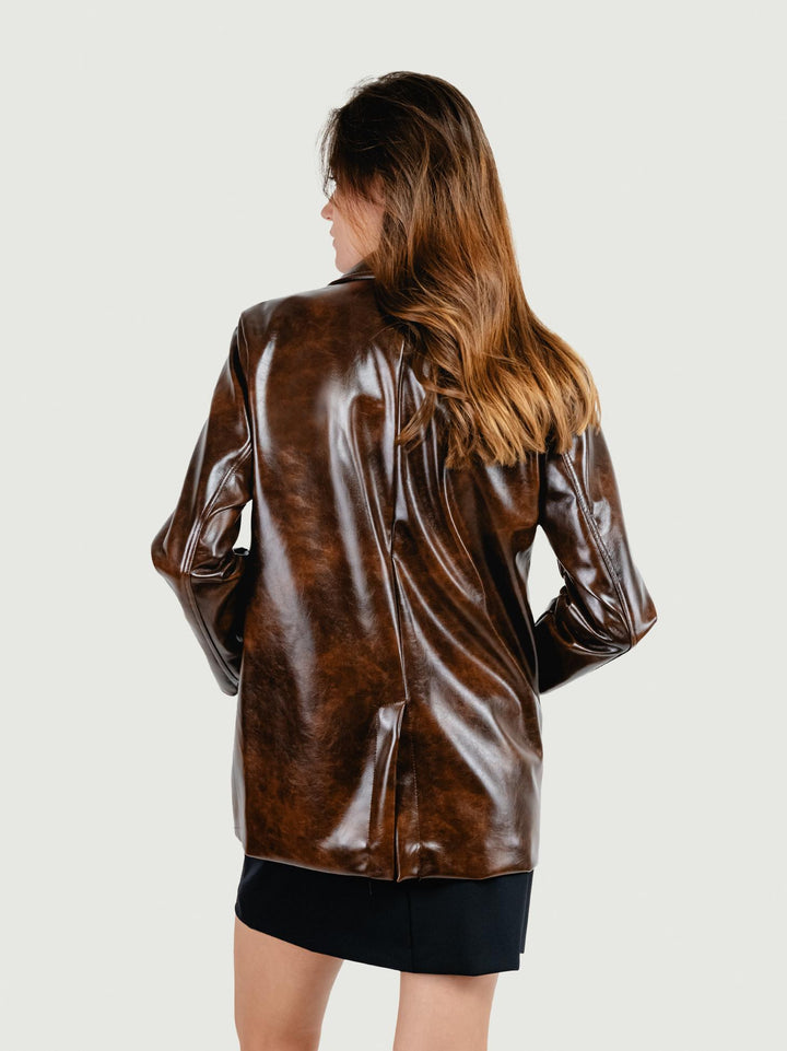 BLAZER MONOPETTO IN ECOPELLE MARRONE