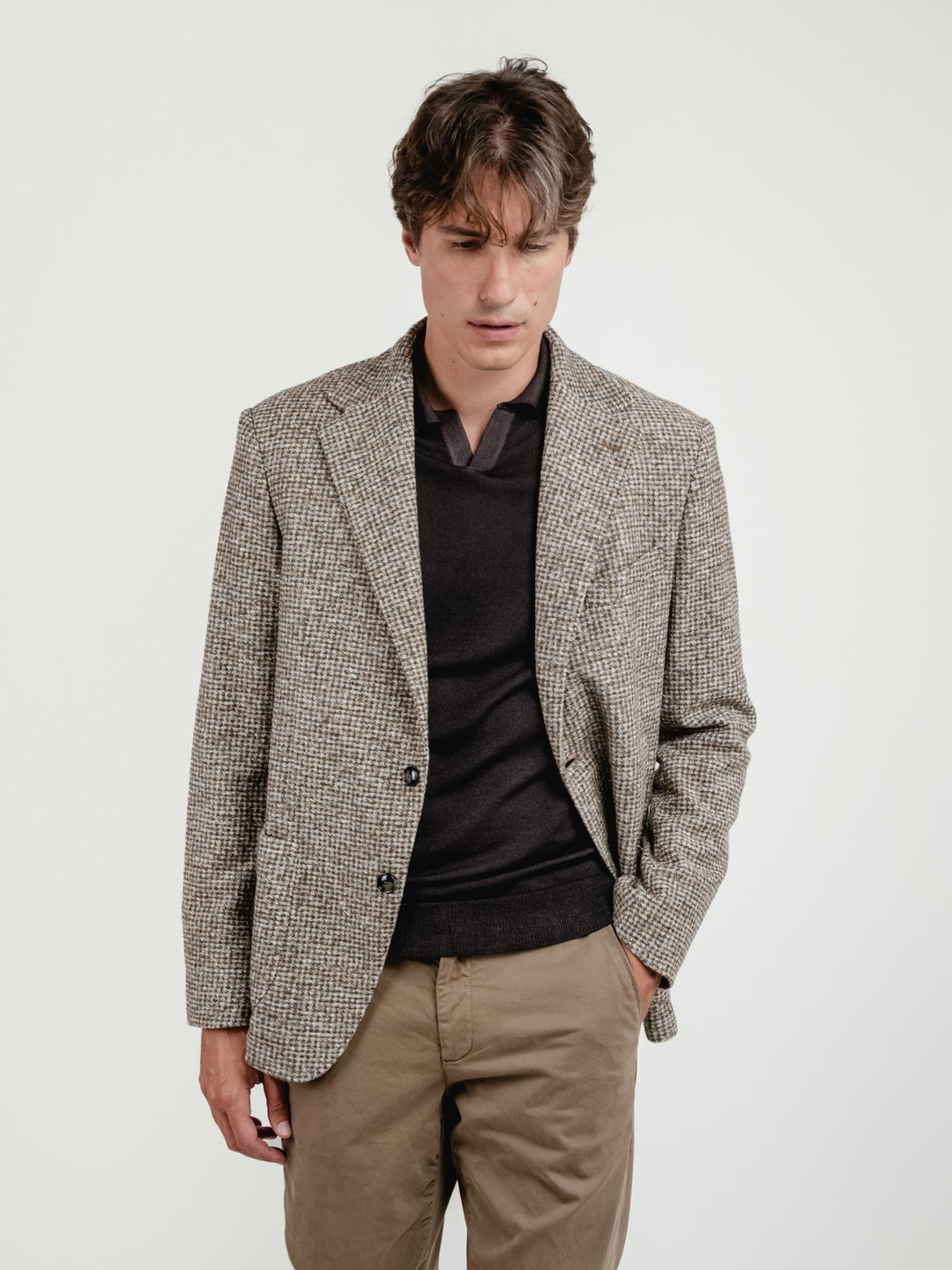 BLAZER MONOPETTO MISTO LANA CON FANTASIA CHECK TABACCO