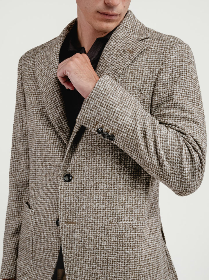 BLAZER MONOPETTO MISTO LANA CON FANTASIA CHECK TABACCO