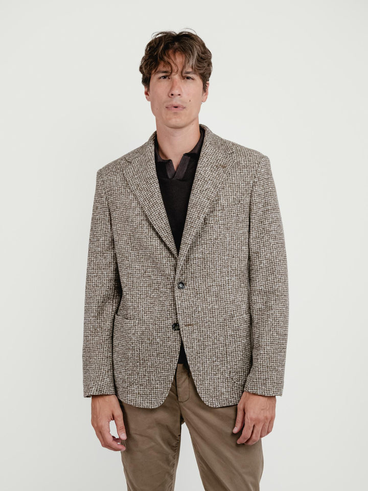 BLAZER MONOPETTO MISTO LANA CON FANTASIA CHECK TABACCO