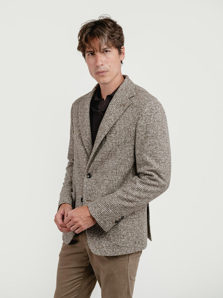 BLAZER MONOPETTO MISTO LANA CON FANTASIA CHECK TABACCO