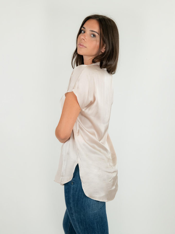 BLUSA A MANICA CORTA IN RASO CHAMPAGNE