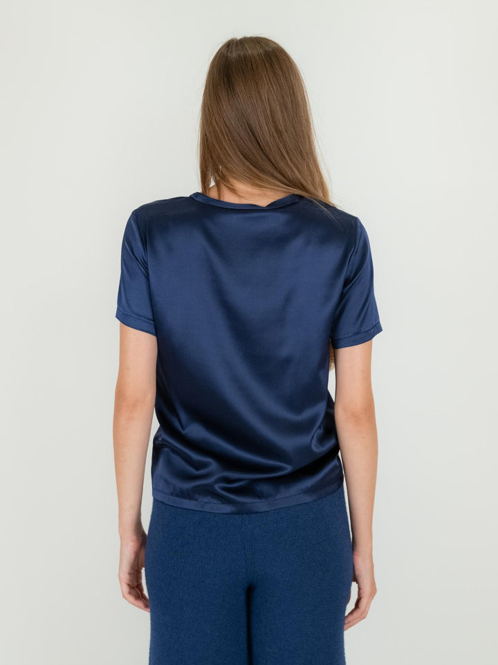 BLUSA A MANICHE CORTE IN RASO BLU