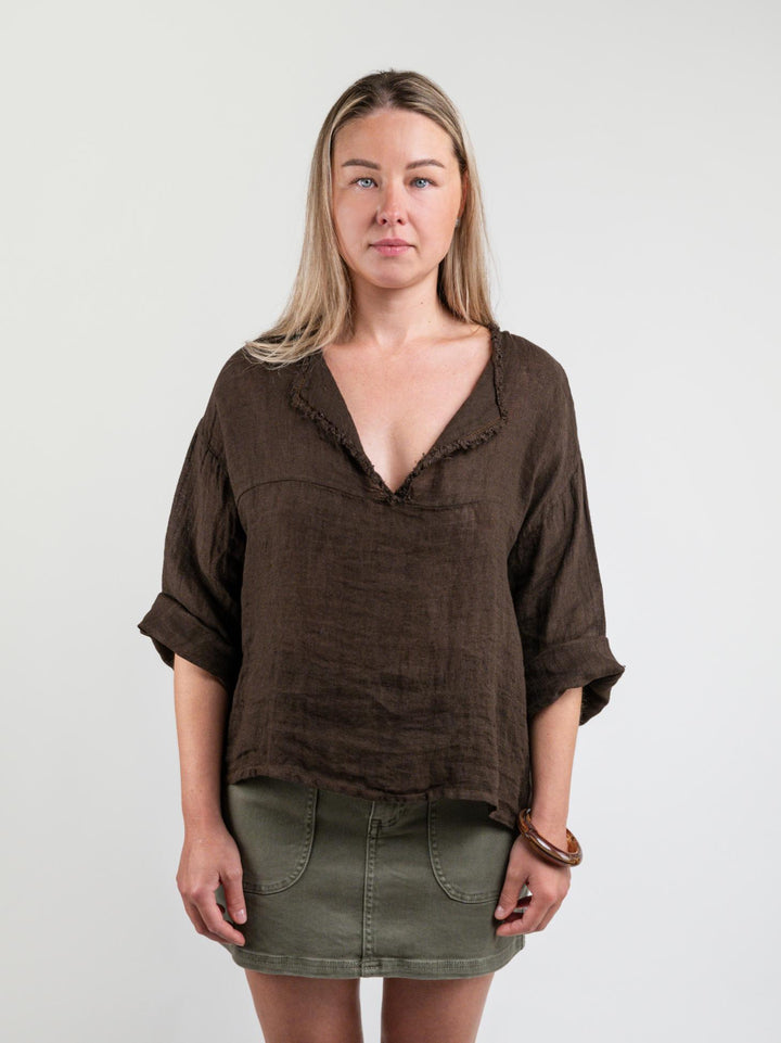BLUSA OVERSIZE IN LINO CON COLLO SFRANGIATO MARRONE