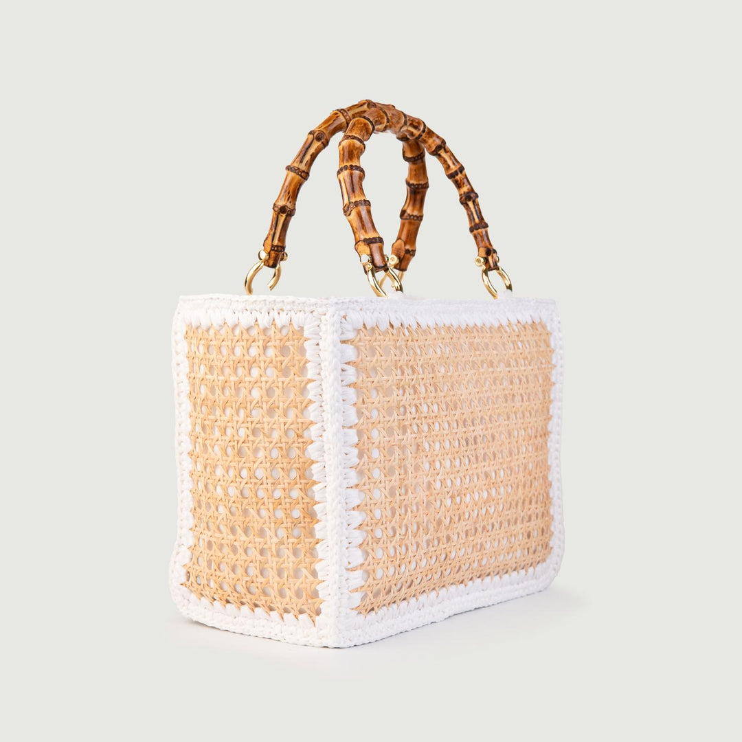 BORSA A MANO IN RAFIA NATURALE E BIANCO