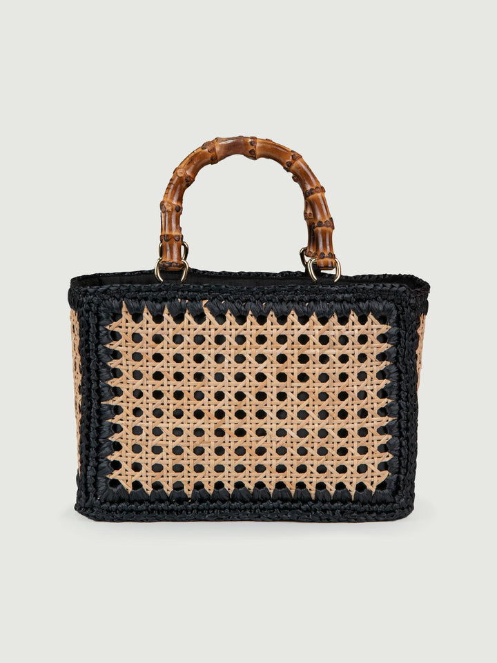 BORSA A MANO IN RAFIA NATURALE E NERO