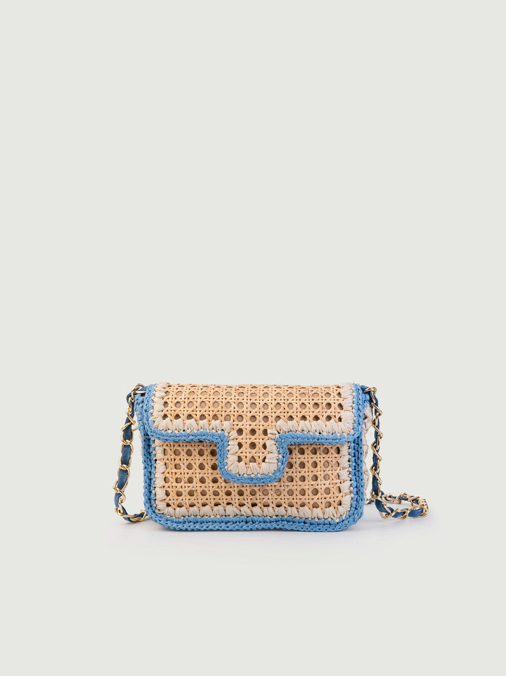 BORSA A TRACOLLA  IN RAFIA NATURALE E AZZURRO
