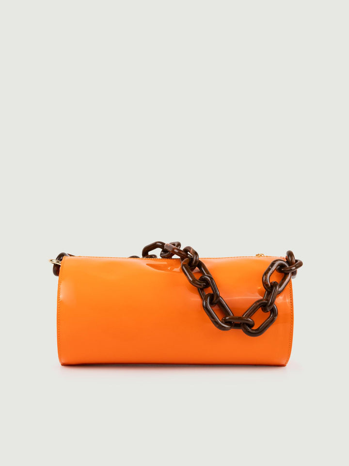 BORSA CILINDRO CIRCULAR ARANCIONE IN PELLE VERNICE