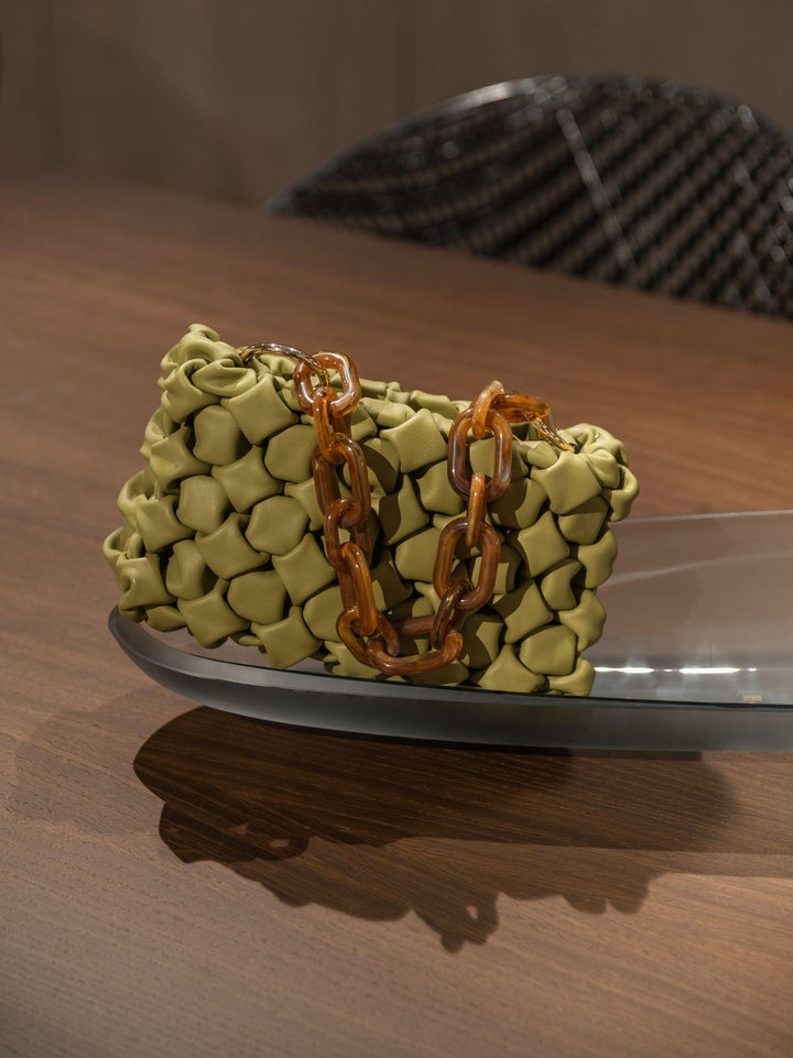 BORSA CURLY IN PELLE INTRECCIATA PISTACCHIO