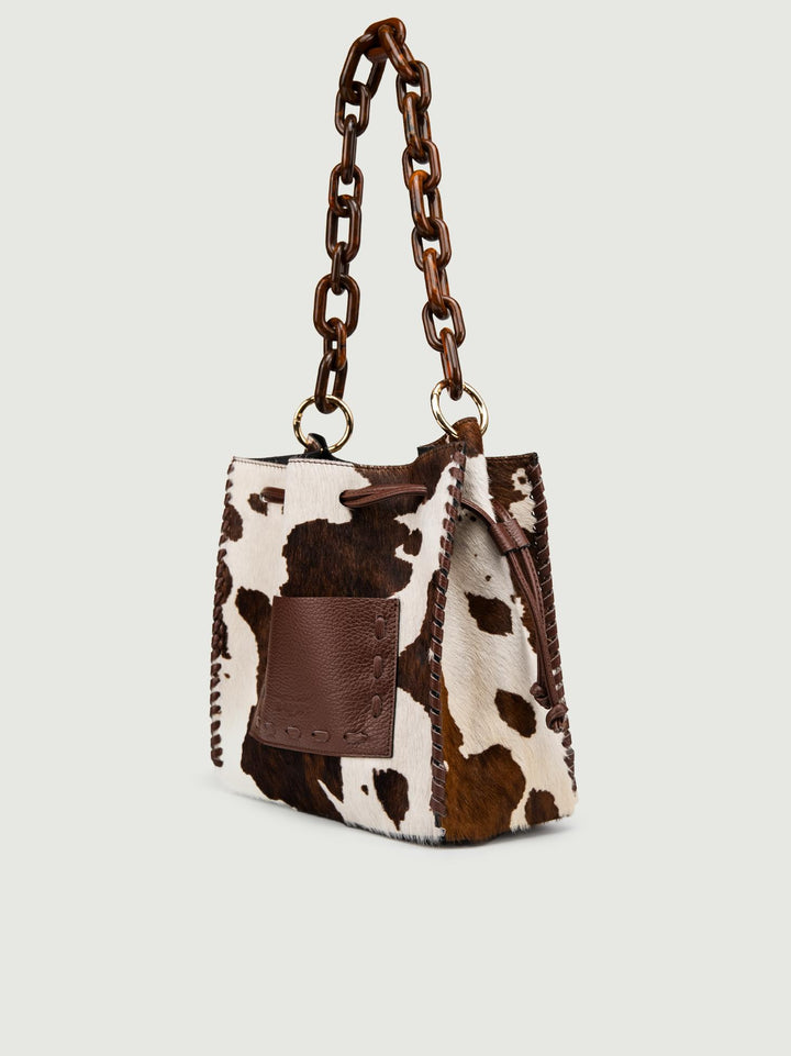 BORSA POCAHONTAS IN CAVALLINO COW PRINT MARRONE