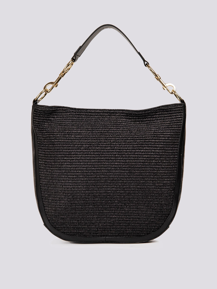BORSA SHOPPER IN PELLE E RAFIA NERA "CAREFREE"