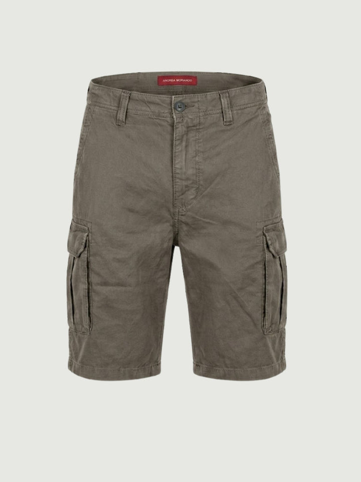 Pantaloncini cargo in cotone verde militare con tasche applicate e patta frontale