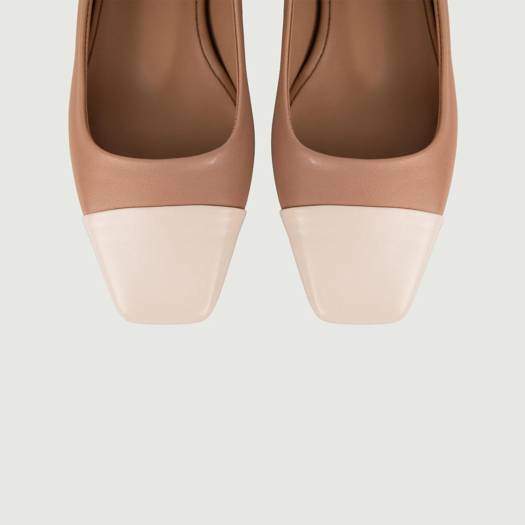 Ballerina in pelle cuoio con punta in vernice a contrasto