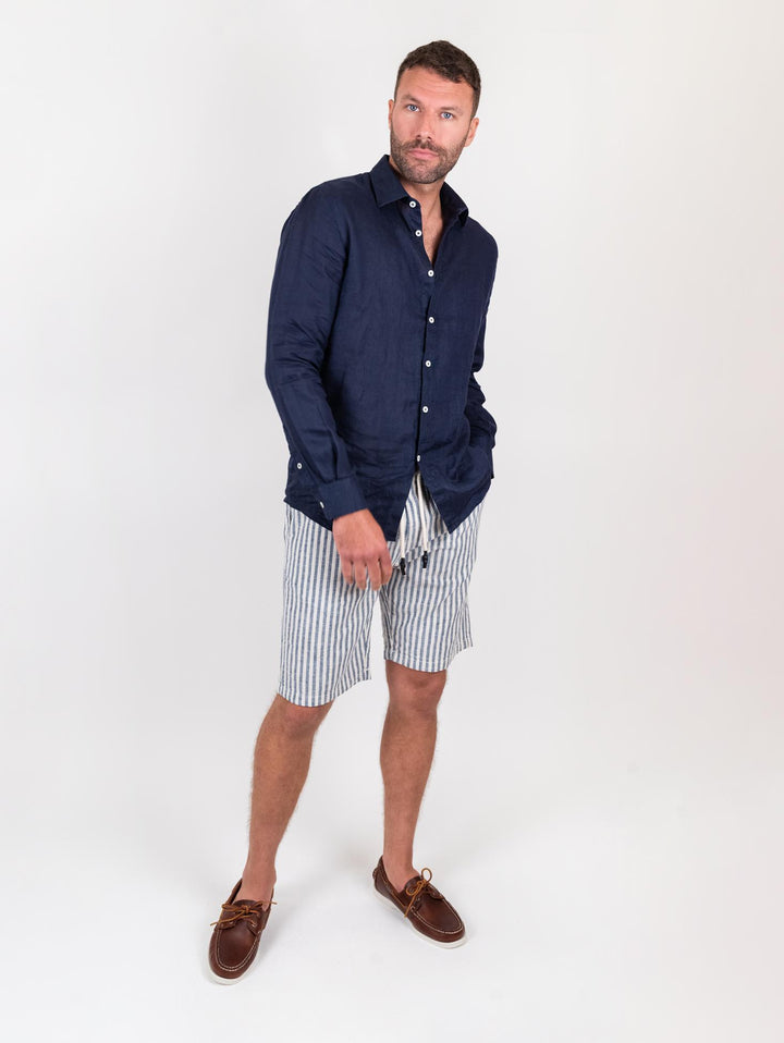 Bermuda a maxi righe blu in misto lino e cotone