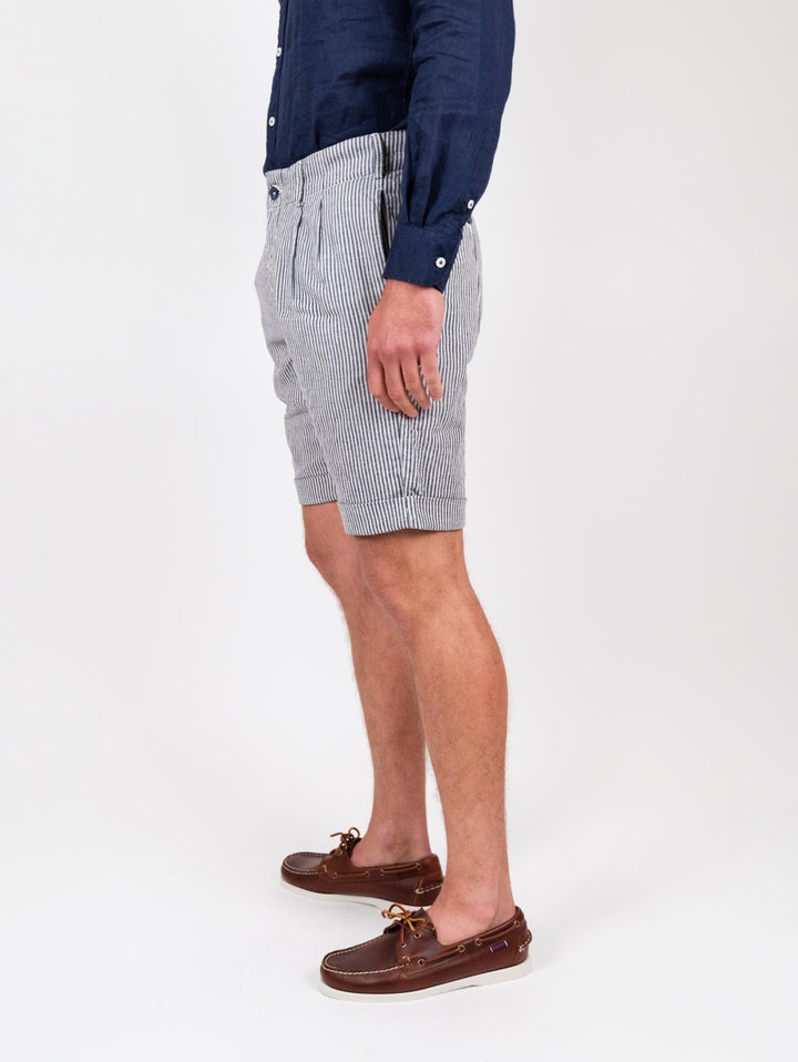 Bermuda a righe blu in misto lino e cotone