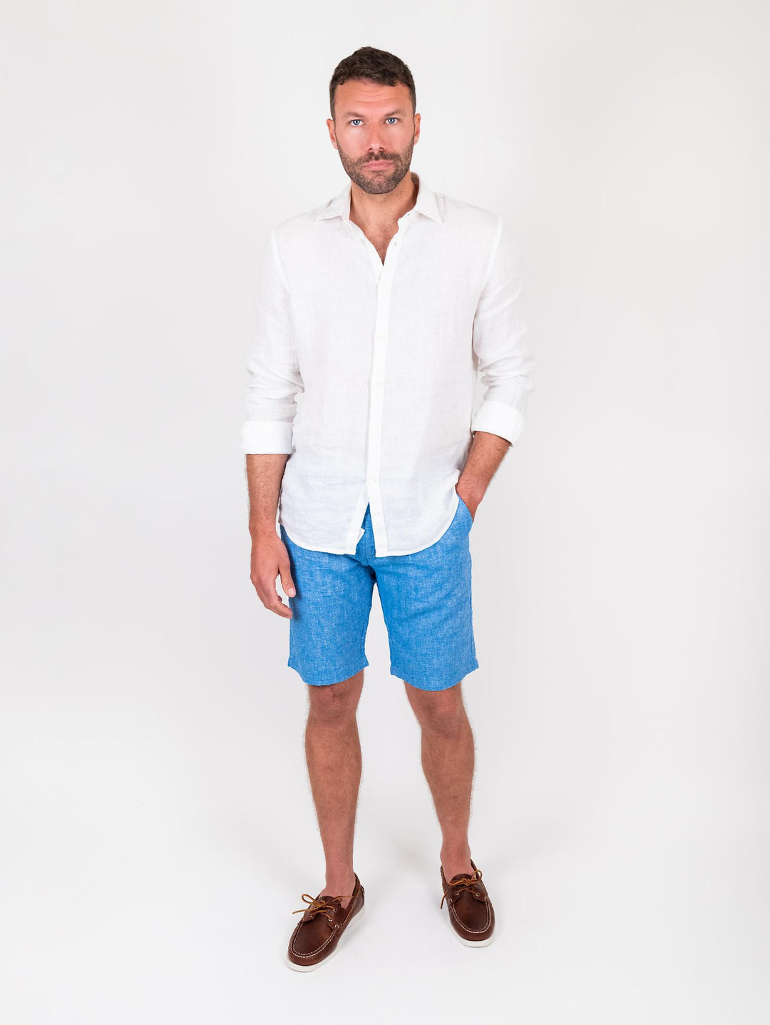 Bermuda in lino e cotone azzurro