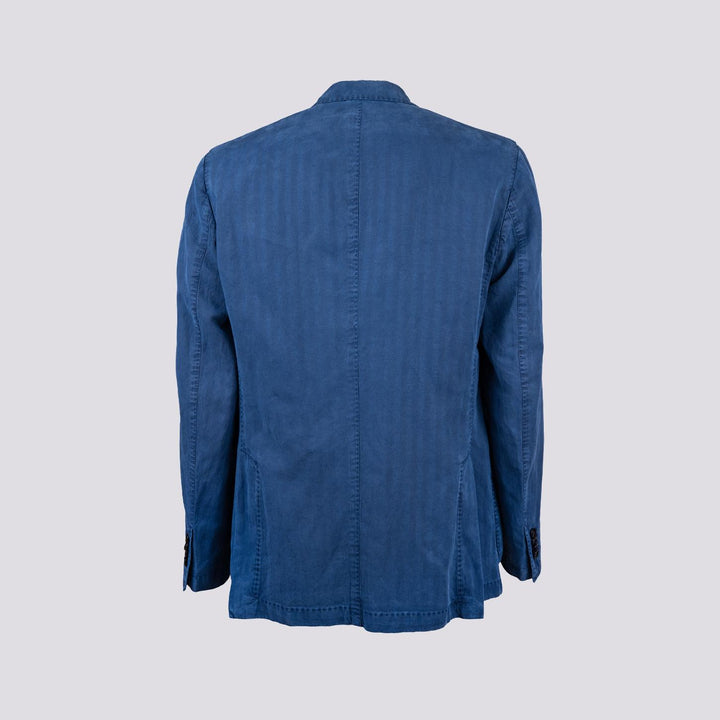 Blazer sfoderato doppiopetto blu in misto lino e cotone