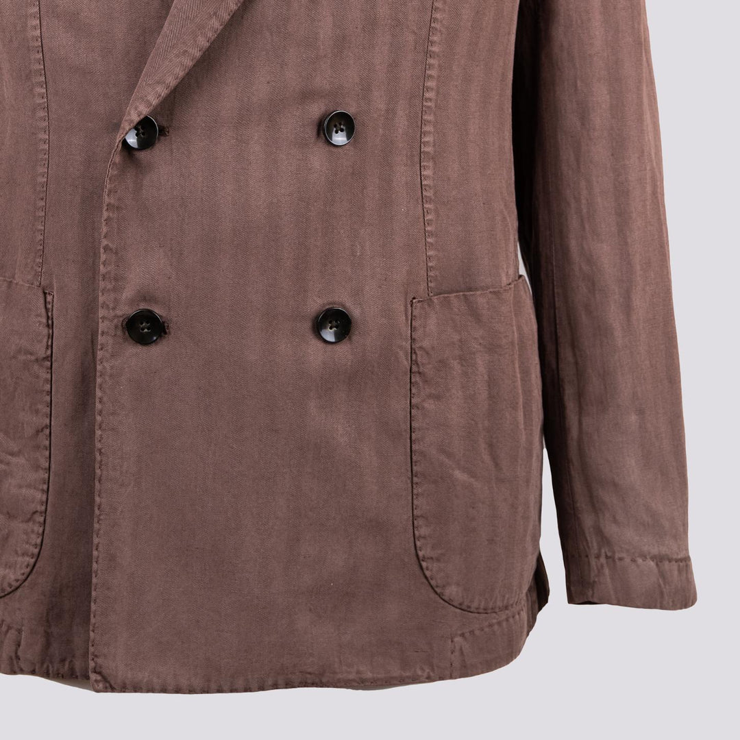 Blazer sfoderato doppiopetto marrone in misto lino e cotone
