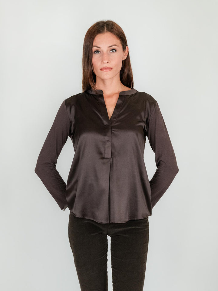 Blusa in seta e viscosa color cacao