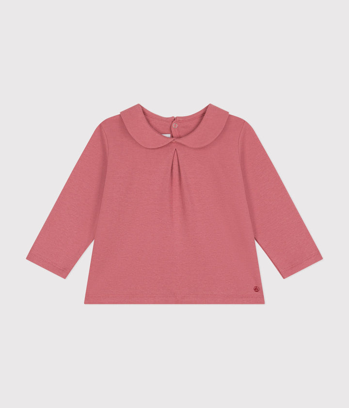 Blusa tinta unita rosa in cotone con colletto per bebè