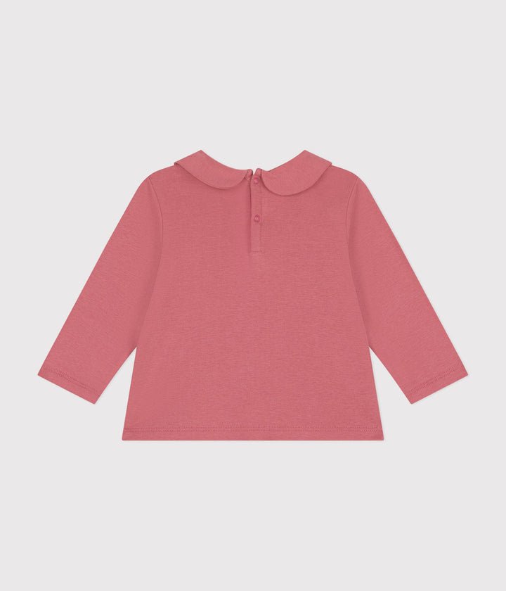 Blusa tinta unita rosa in cotone con colletto per bebè