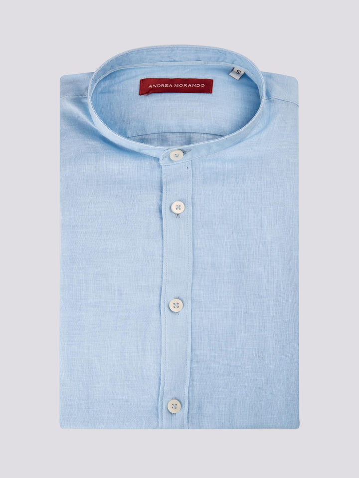 CAMICIA ALLA COREANA IN LINO AZZURRO