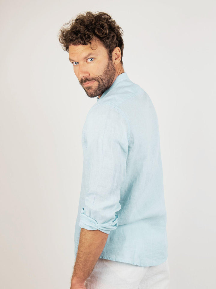 CAMICIA ALLA COREANA IN LINO AZZURRO