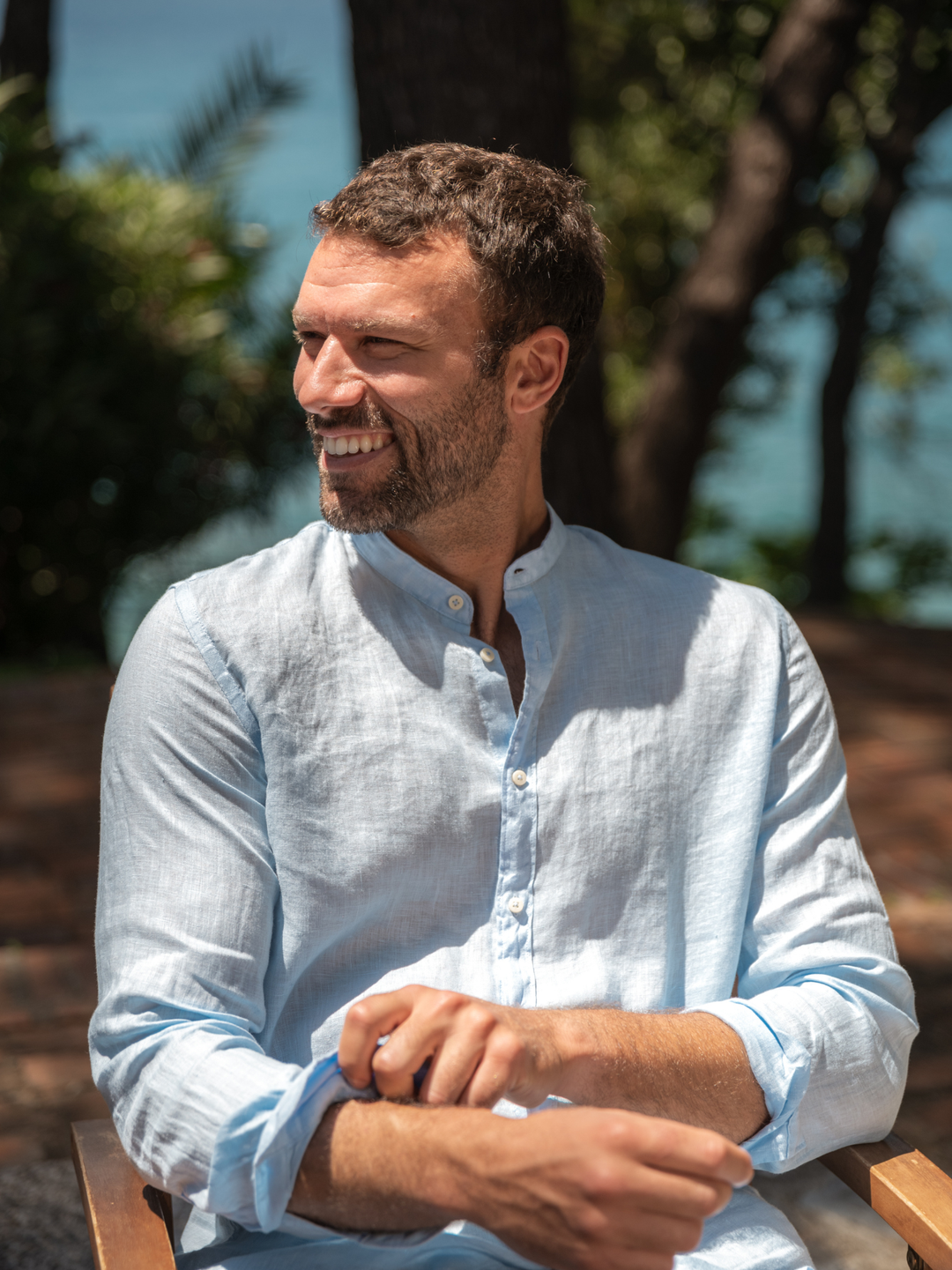 CAMICIA ALLA COREANA IN LINO AZZURRO