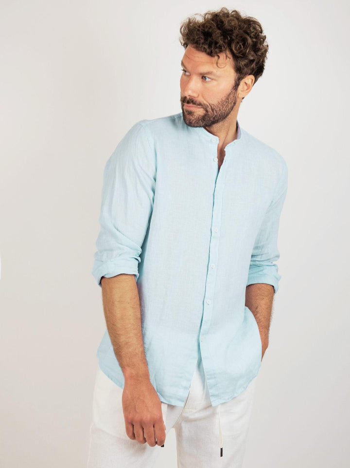 CAMICIA ALLA COREANA IN LINO AZZURRO