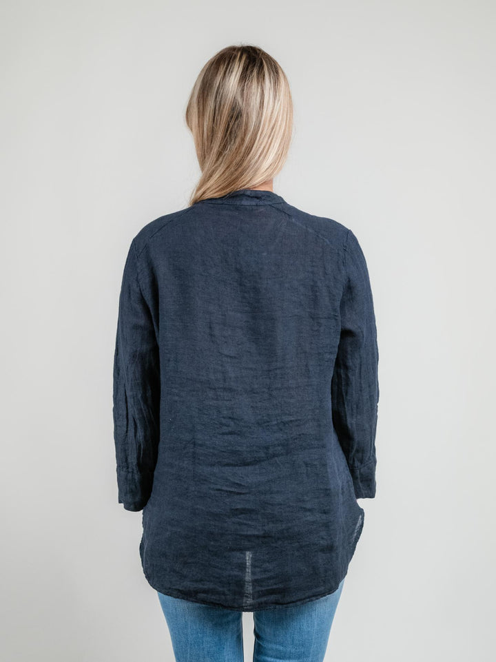 CAMICIA ALLA COREANA IN LINO BLU