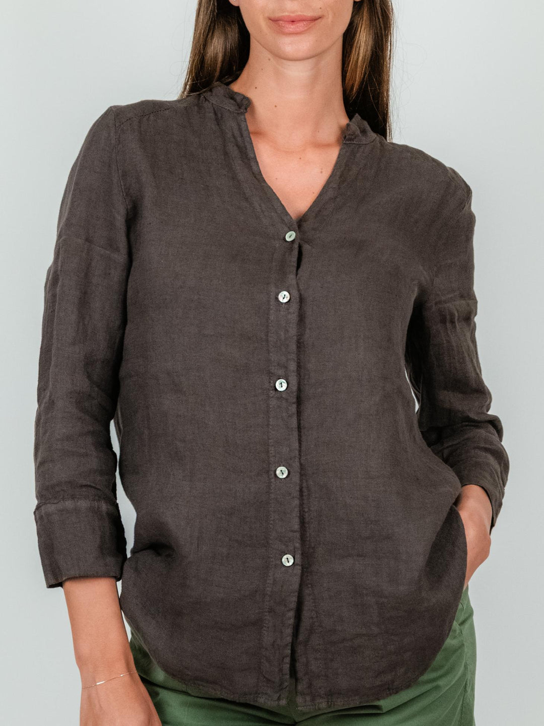 CAMICIA ALLA COREANA IN LINO TESTA MORO