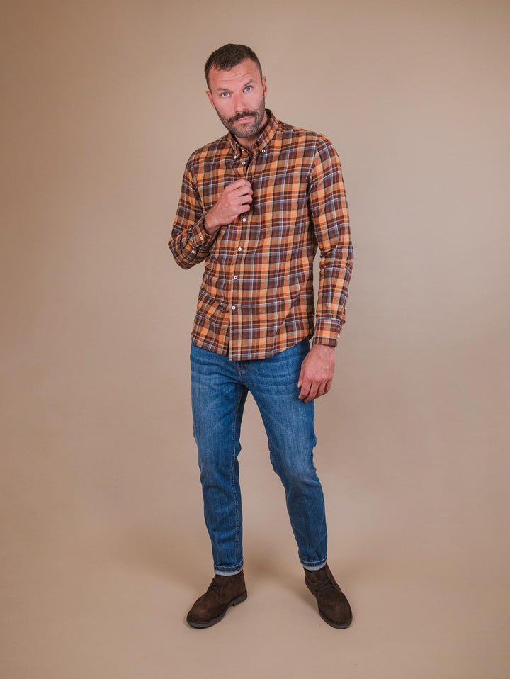 CAMICIA BUTTON DOWN IN FANTASIA TARTAN arancio