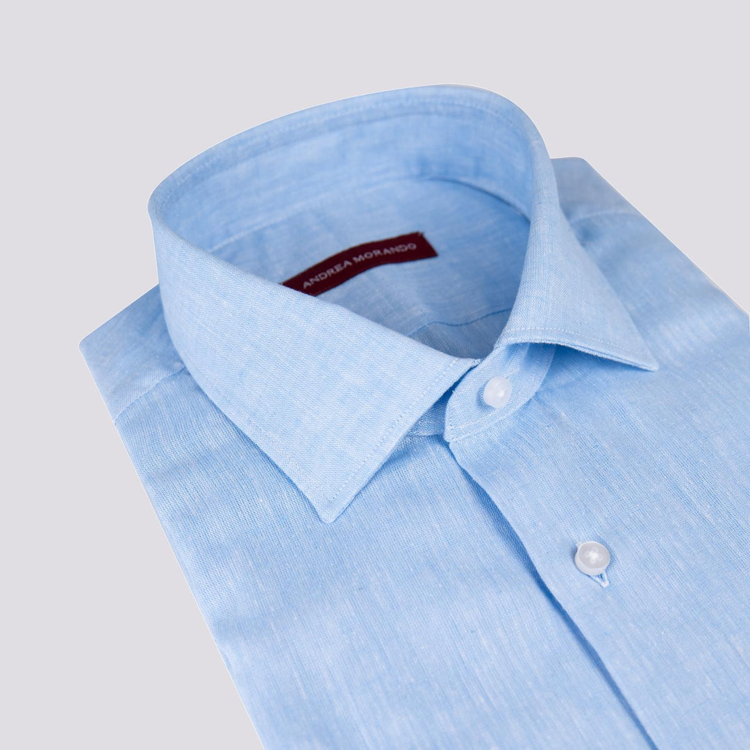 CAMICIA CLASSICA IN LINO AZZURRO TINTO FILO