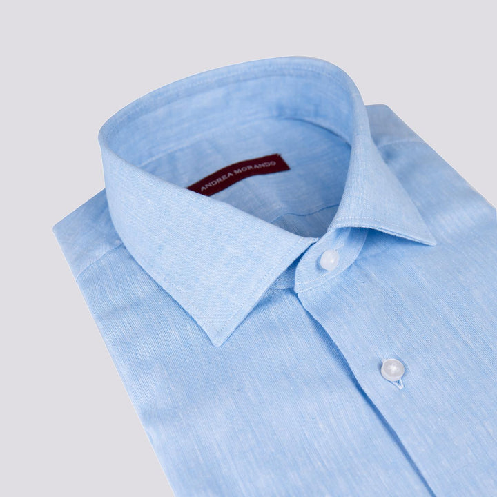 CAMICIA CLASSICA IN LINO AZZURRO TINTO FILO