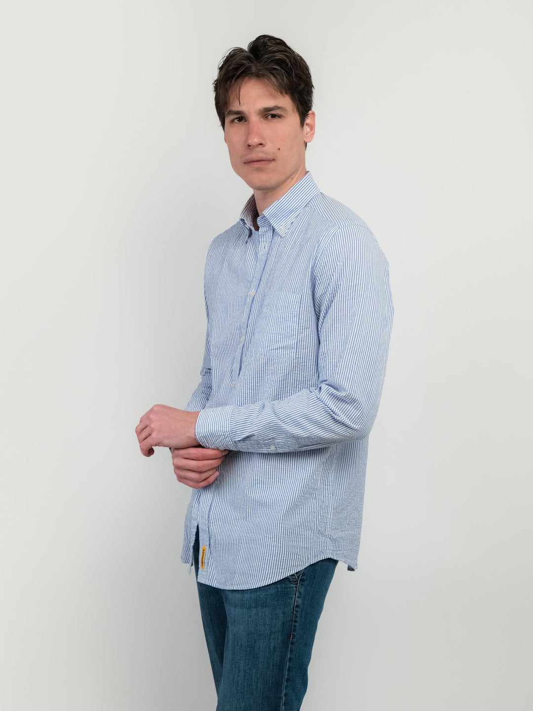 CAMICIA  IN COTONE BOTTON DOWN A RIGHE BIANCHE E AZZURRE
